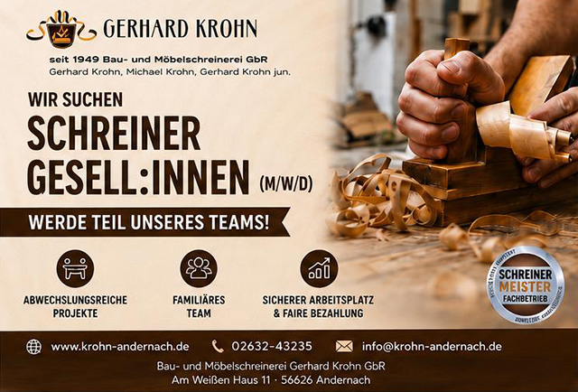 Stellenausschreibung Schreinerei Krohn aus Andernach